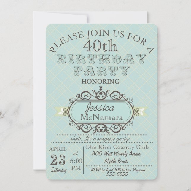 Fancy Elegant Blue Plaid Birthday Invitation (Front)