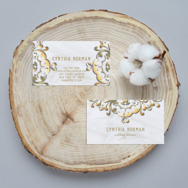 Fancy Elegant Faux Gold Baroque Border On White Business Card (Creator Uploaded)