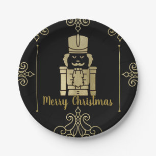 Fancy Elegant Gold Black Nutcracker Holiday Party Paper Plate