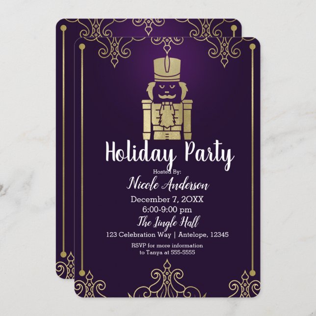 Fancy Elegant Gold Purple Nutcracker Holiday Party Invitation (Front/Back)