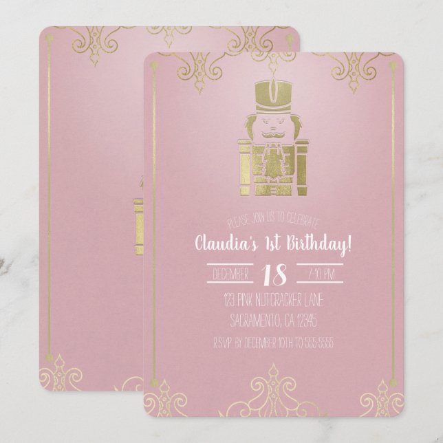 Fancy Elegant Pink & Gold Nutcracker 1st Birthday Invitation (Front/Back)