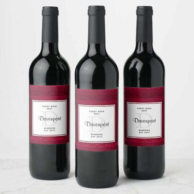 Fancy & Elegant Red Background Stylish Winery Wine Label (Bottles)