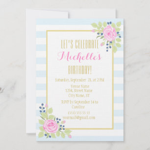 Fancy Elegant Roses Blueberry Birthday Invitation