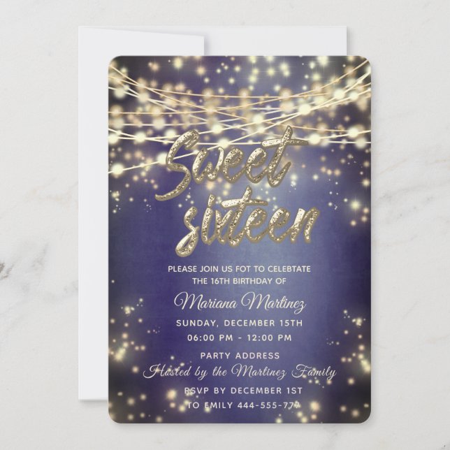 Fancy elegant String lights gold sparkle  Invitation (Front)