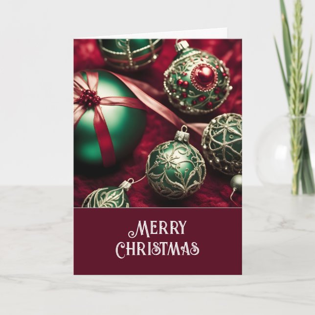Fancy Elegant Victorian Red Green Christmas Balls Holiday Card (Front)
