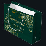Fancy Emerald Green & Gold Elegant Bridesmaid Large Gift Bag<br><div class="desc">This beautiful gift bag is designed as a wedding gift or favour bag for Bridesmaids. It features an elegant emerald green and gold design with ornate golden frills in the corners the text "Bridesmaid" as well as a place to enter her name, the couple's name, and the wedding date. Fill...</div>
