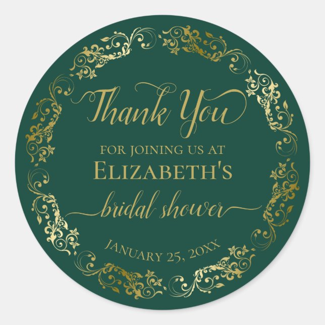 Fancy Emerald Green & Gold Thank You Bridal Shower Classic Round Sticker (Front)