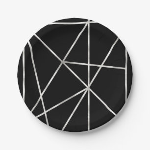 Fancy Faux Foil Silver & Black Geometric Pattern Paper Plate