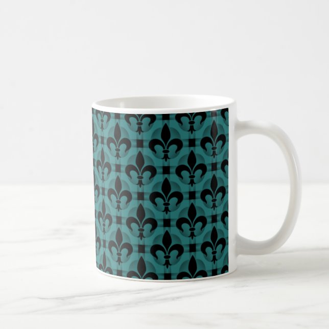 Fancy Fleur de lis Mug, Teal Coffee Mug (Right)