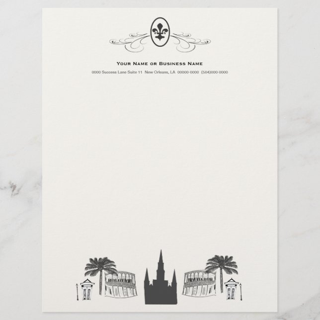 Fancy Fleur de Lis New Orleans Scene Personalized Letterhead (Front)