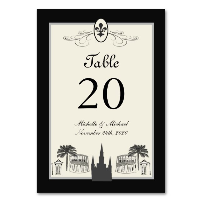 Fancy Fleur de Lis New Orleans Scene Table Number (Front)