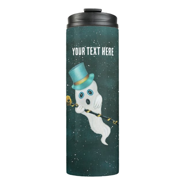 Fancy Floating Ghost Top Hat Skull Cane in Sky Thermal Tumbler (Front)