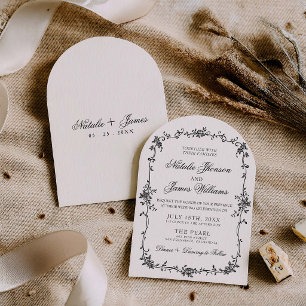 Fancy Floral Black White Botanical Arched Wedding Invitation