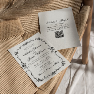 Fancy Floral Black White Botanical QR Code Wedding Invitation