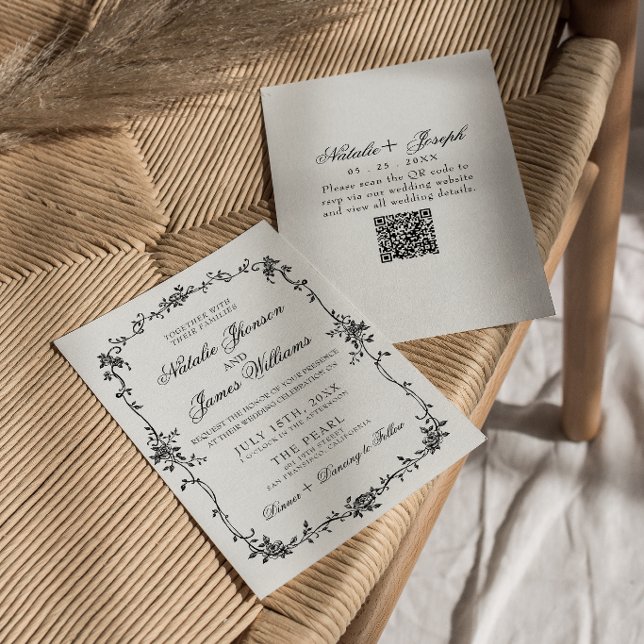 Fancy Floral Black White Botanical QR Code Wedding Invitation (Creator Uploaded)