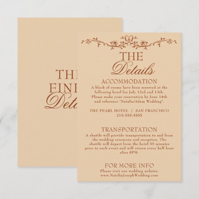 Fancy Floral Boho Beige Terracotta Wedding Details Enclosure Card (Front/Back)