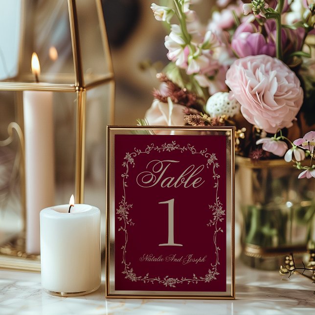 Fancy Floral Burgundy Beige Wedding Table Number (Creator Uploaded)
