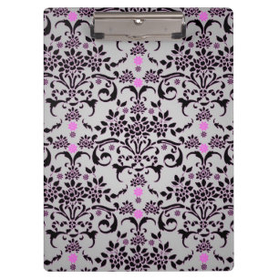 Fancy Floral Damask Black Purple Silvery White Clipboard