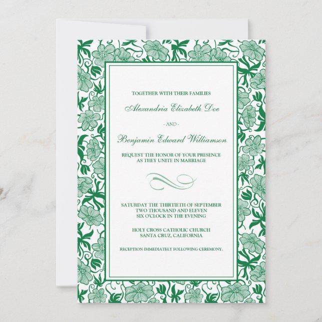 Fancy Floral Emerald Wedding Invitation (Front)