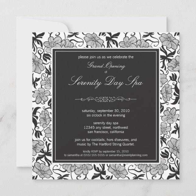 Fancy Floral Grand Opening Invitation (black) (Front)