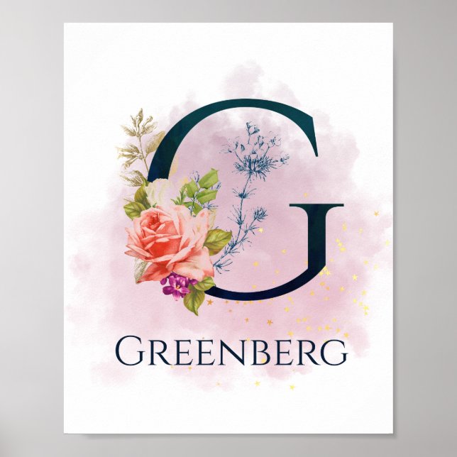 Fancy Floral Letter G Watercolor Wall Print (Front)