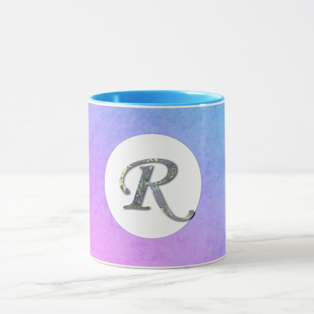 Fancy Floral Letter R Blue and Purple Mug (Center)