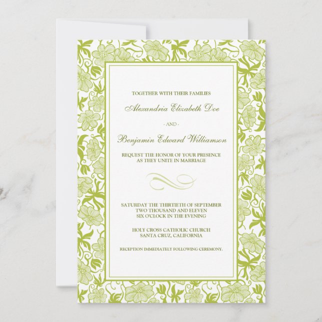 Fancy Floral Lime Green Wedding Invitation (Front)