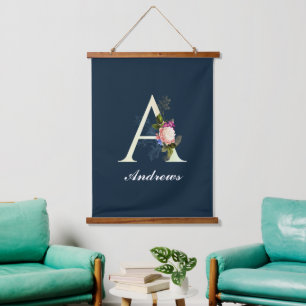 Fancy Floral Monogram A Dark Blue   Hanging Tapestry