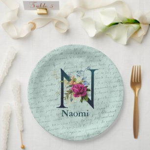 Fancy Floral Monogram Initial N   Paper Plate