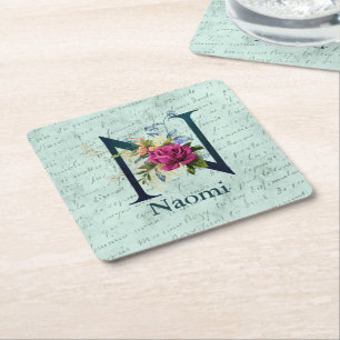 Fancy Floral Monogram Initial N Square Paper Coaster