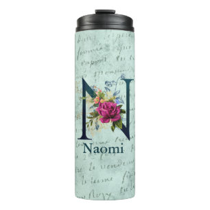 Fancy Floral Monogram Initial N  Thermal Tumbler