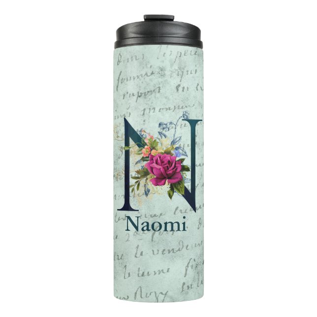 Fancy Floral Monogram Initial N  Thermal Tumbler (Front)