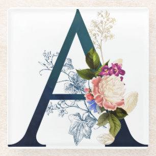 Fancy Floral Monogram Letter A Glass Coaster