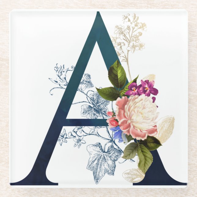 Fancy Floral Monogram Letter A Glass Coaster (Front)