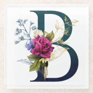 Fancy Floral Monogram Letter B Glass Coaster