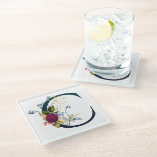Fancy Floral Monogram Letter C Glass Coaster