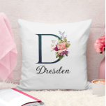 Fancy Floral Monogram Letter D Personalised Cushion<br><div class="desc">Beautiful throw pillow features gold leaves,  purple rose and blue wildflowers embellishments on large letter / initial D.  Personalise with name or other message</div>