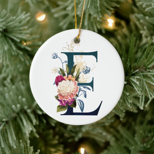 Fancy Floral Monogram Letter E Ceramic Tree Decoration (Tree)