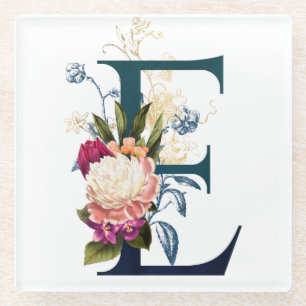 Fancy Floral Monogram Letter E Glass Coaster