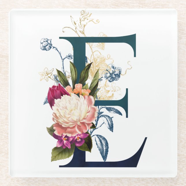 Fancy Floral Monogram Letter E Glass Coaster (Front)