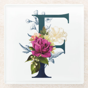 Fancy Floral Monogram Letter F Glass Coaster