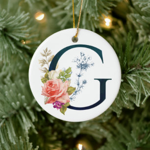 Fancy Floral Monogram Letter G Ceramic Tree Decoration