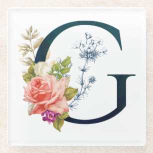Fancy Floral Monogram Letter G Glass Coaster