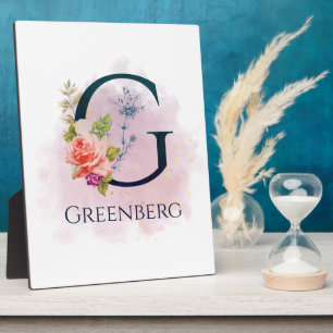 Fancy Floral Monogram Letter G Watercolor Splash Plaque