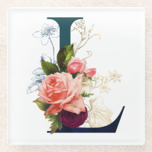 Fancy Floral Monogram Letter L Glass Coaster