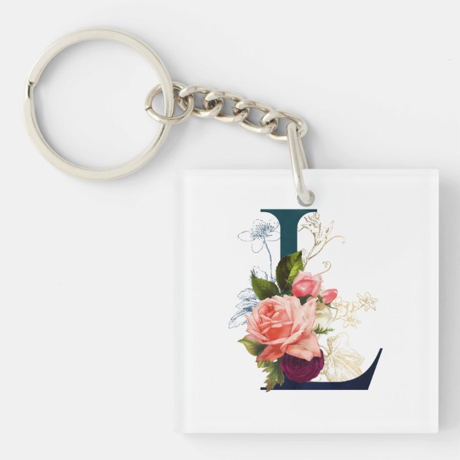 Fancy Floral Monogram Letter L     Key Ring (Front)