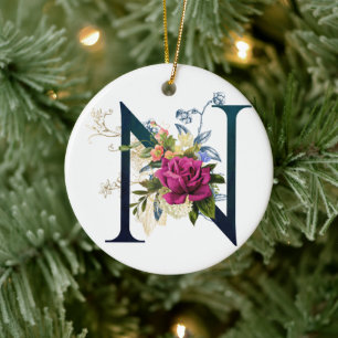 Fancy Floral Monogram Letter N Ceramic Tree Decoration