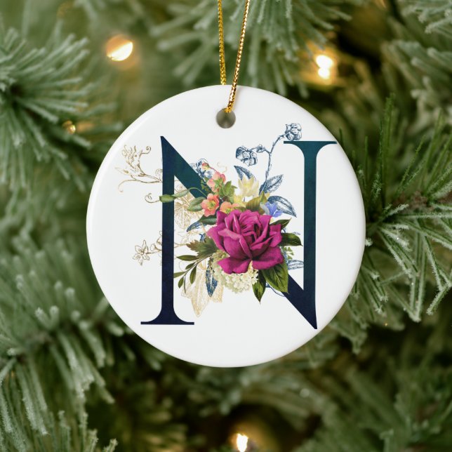 Fancy Floral Monogram Letter N Ceramic Tree Decoration (Tree)