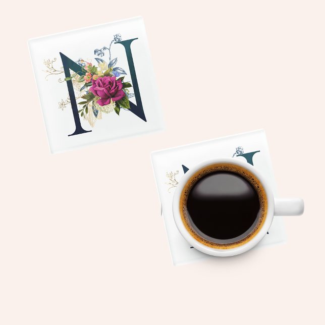 Fancy Floral Monogram Letter N Glass Coaster (Creator Uploaded)