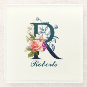 Fancy Floral Monogram Letter R Glass Coaster